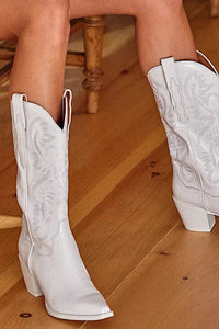 White Embroidered Detail Pointed Toe Western Inspired Mid Calf Block Heel Boots