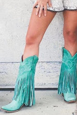 Green Faux Suede Fringe Pointed Toe Western Mid Calf Block Heel Ankle Boots