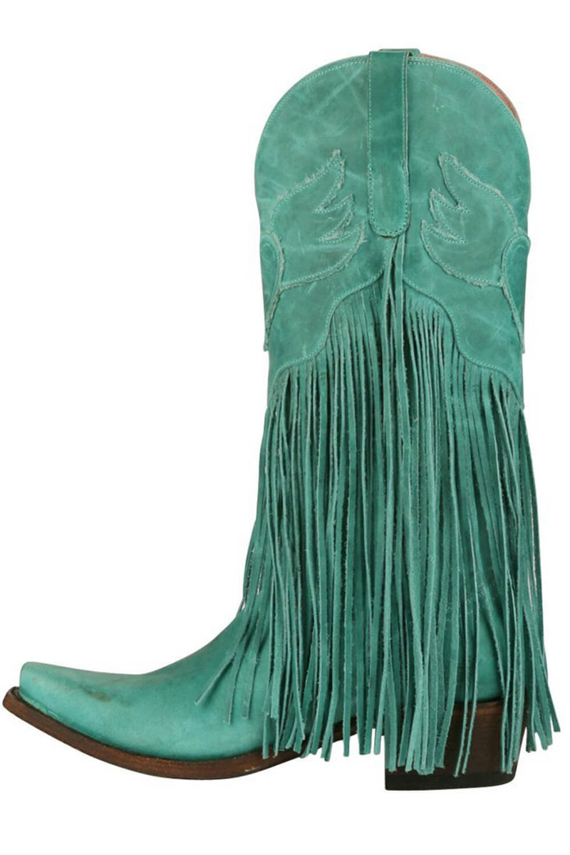Green Faux Suede Fringe Pointed Toe Western Mid Calf Block Heel Ankle Boots