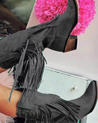 Black Faux Suede Fringe Pointed Toe Western Mid Calf Block Heel Ankle Boots