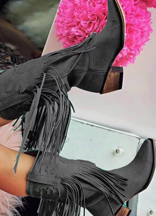 Black Faux Suede Fringe Pointed Toe Western Mid Calf Block Heel Ankle Boots