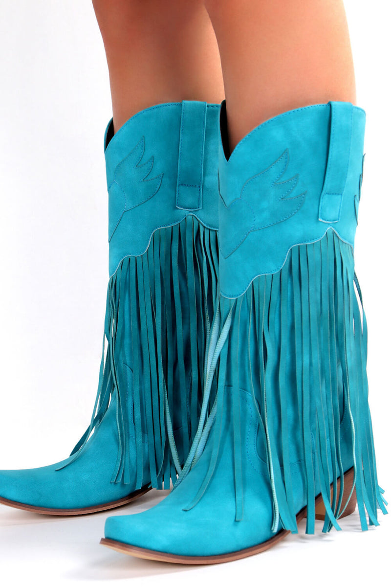 Blue Faux Suede Fringe Pointed Toe Western Mid Calf Block Heel Ankle Boots