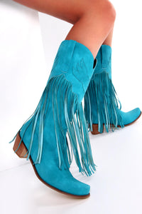 Blue Faux Suede Fringe Pointed Toe Western Mid Calf Block Heel Ankle Boots