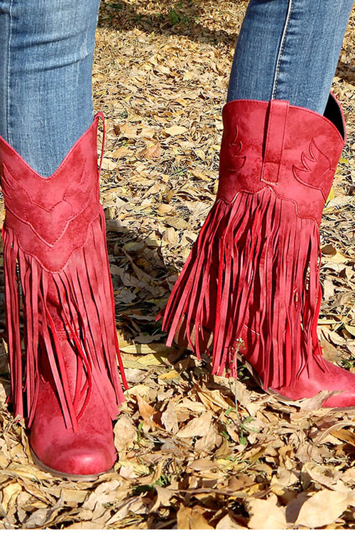 Red Faux Suede Fringe Pointed Toe Western Mid Calf Block Heel Ankle Boots