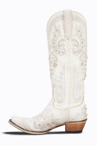 White Crystal Embroidered Detail Pointed Toe Knee High Long Western Cowboy Block Heel Boot