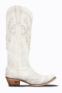 White Crystal Embroidered Detail Pointed Toe Knee High Long Western Cowboy Block Heel Boot
