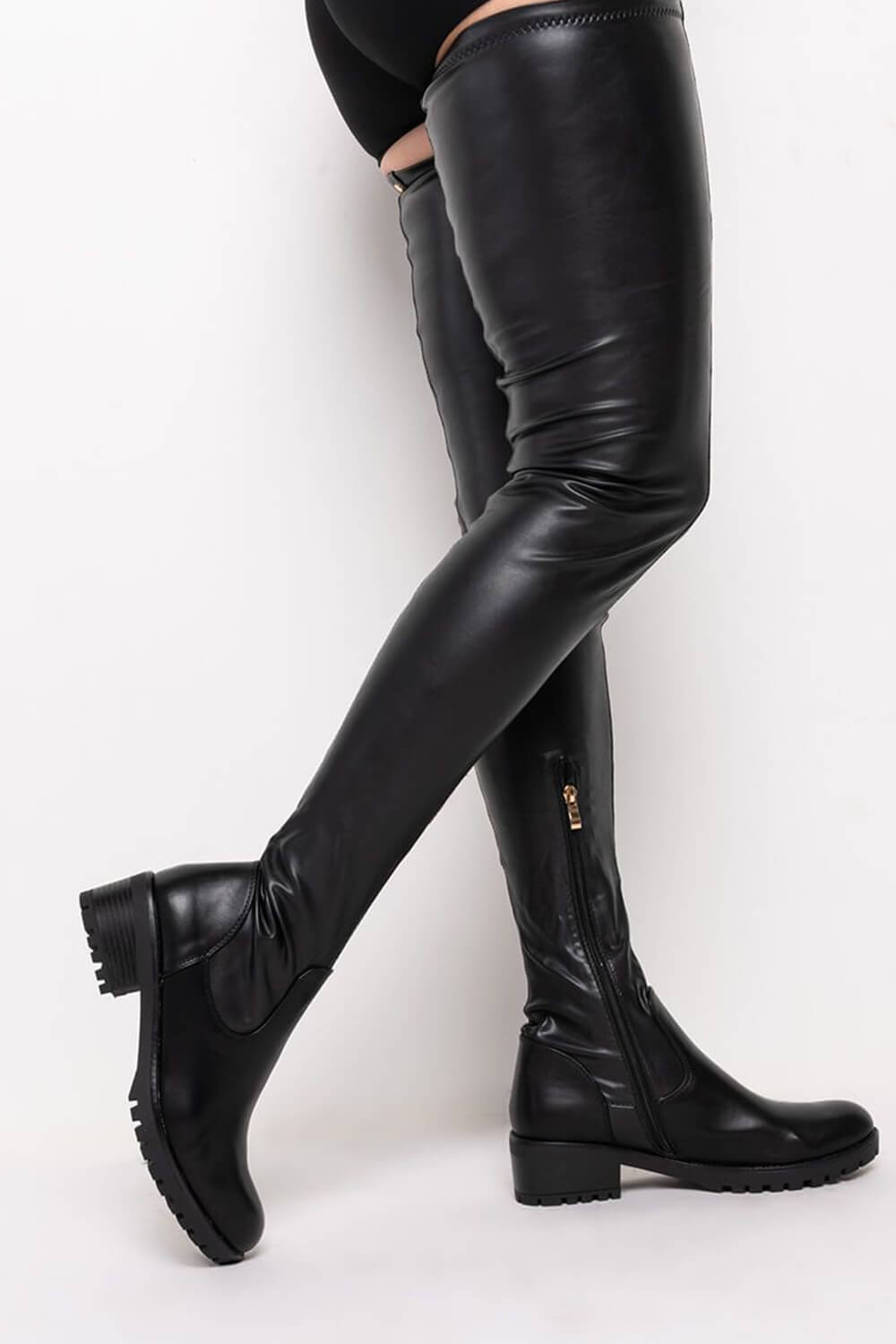 Black Faux Leather Flat Chunky Over The Knee Thigh High Boots – FloralKini