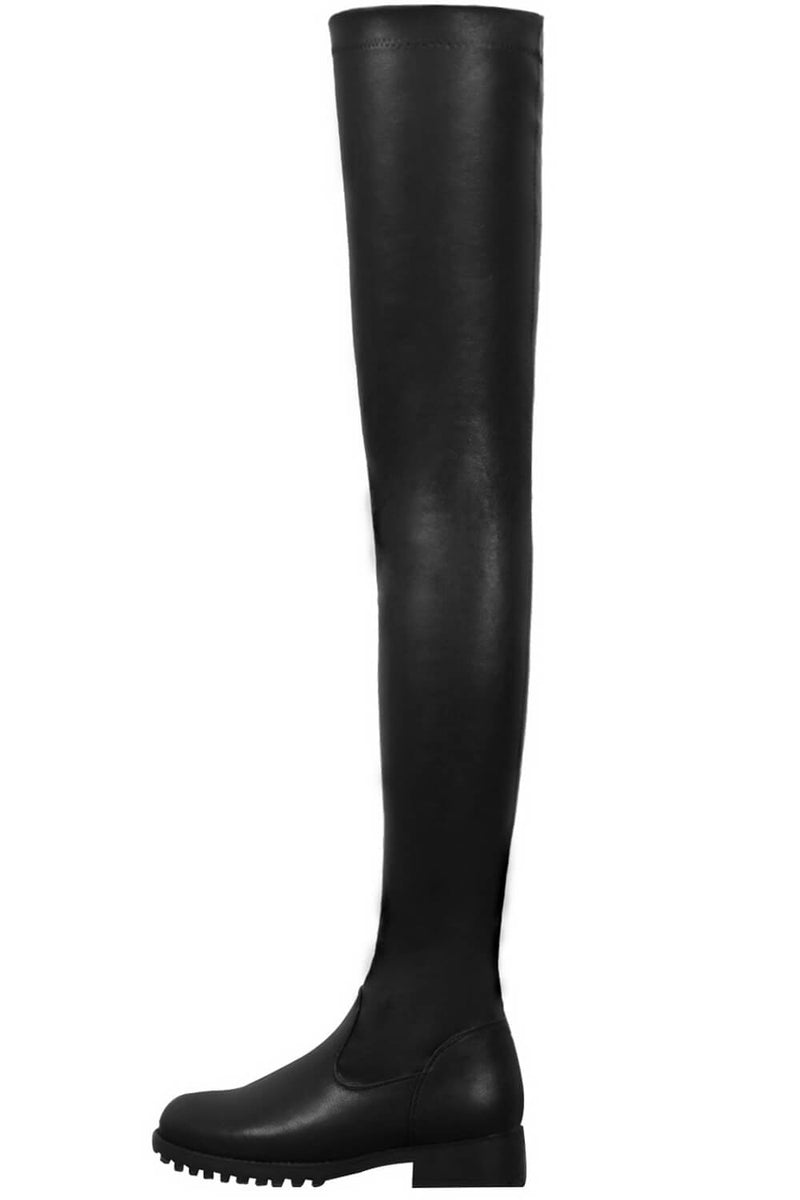 Black Faux Leather Flat Chunky Over The Knee Thigh High Boots