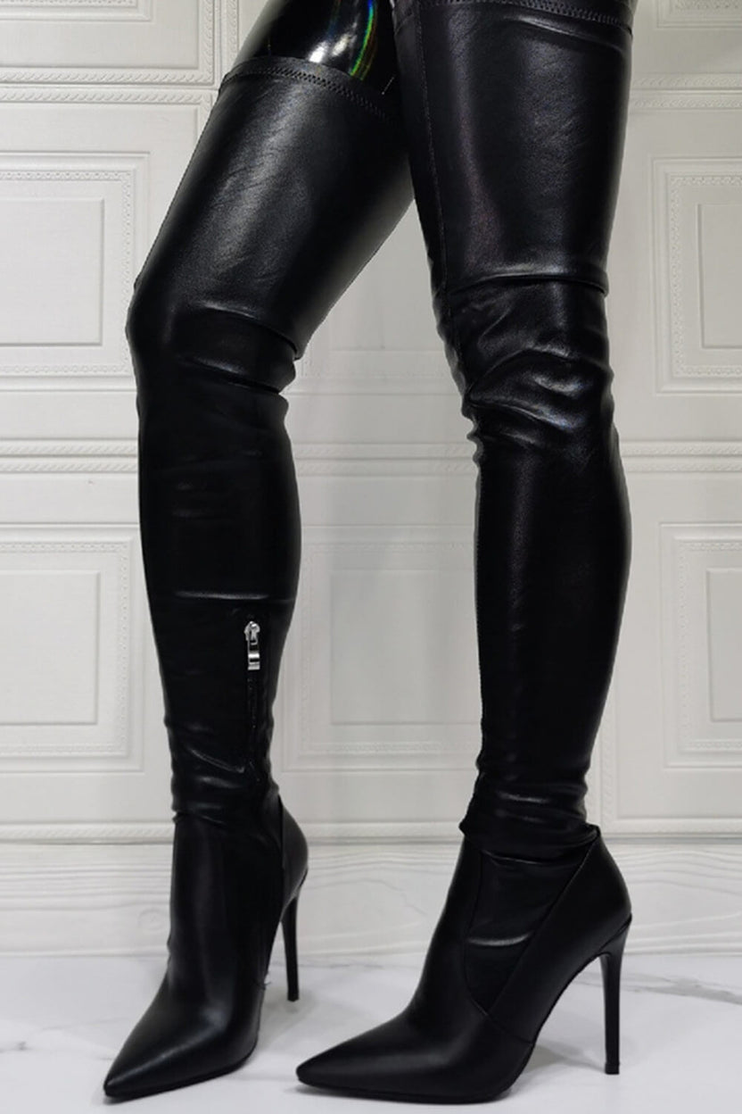 Black Faux Leather Over The Knee Thigh High Stiletto Boots – FloralKini