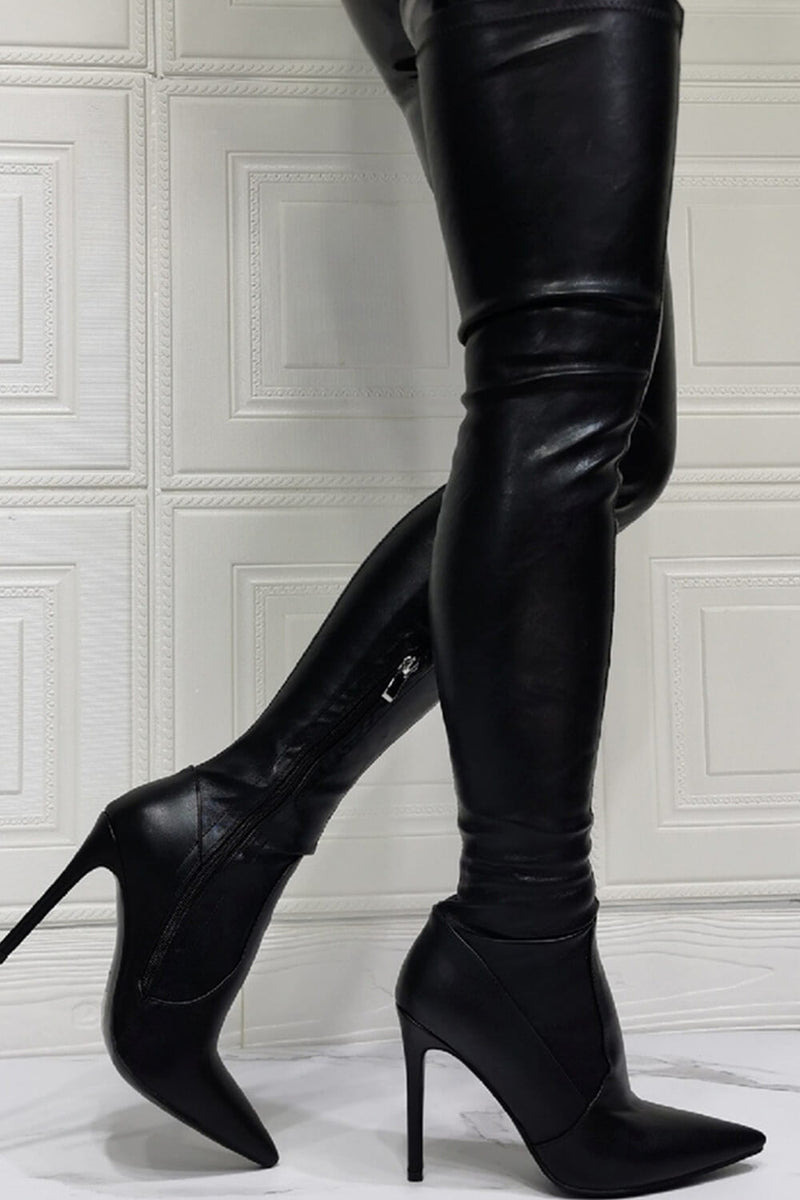 Black Faux Leather Over The Knee Thigh High Stiletto Boots