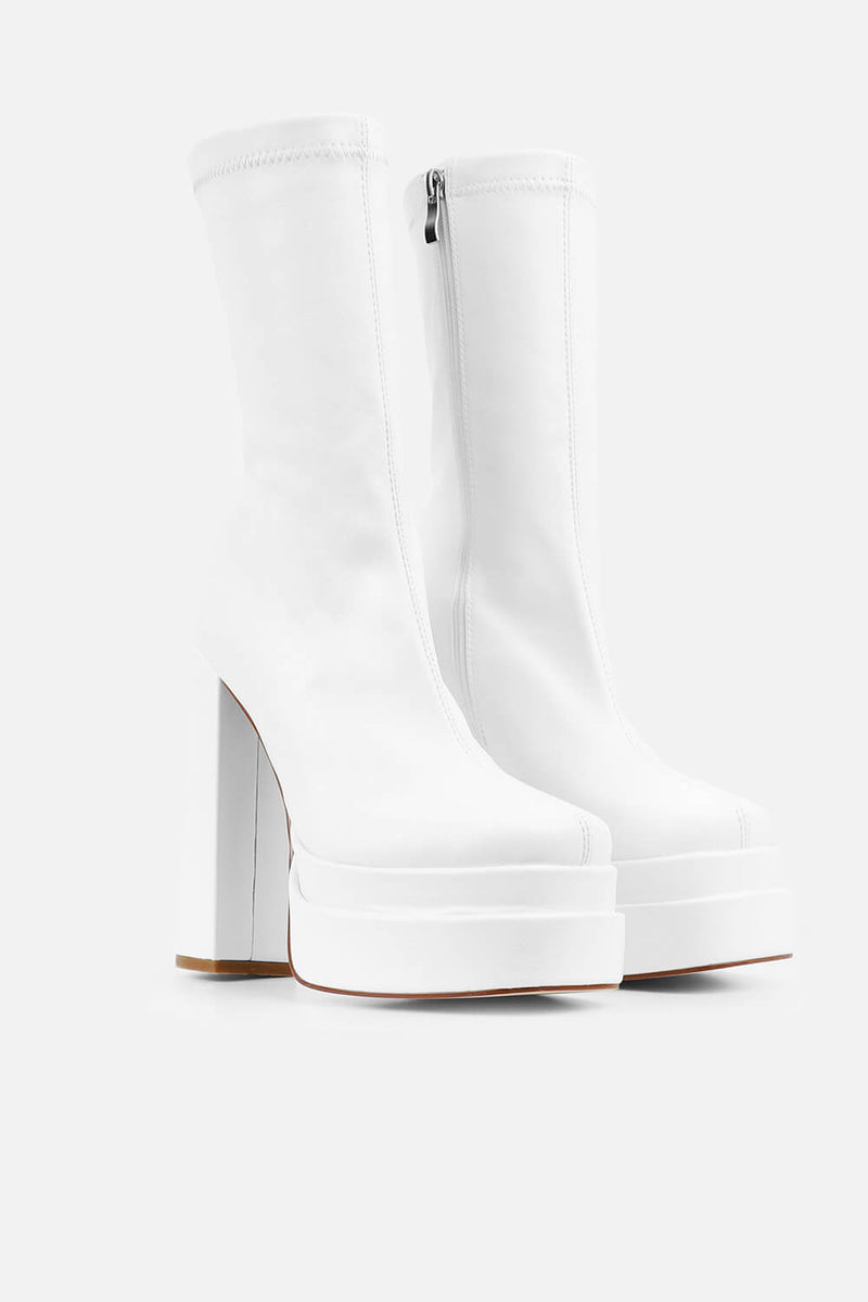 Double Platform Block Heel Ankle Boots - White