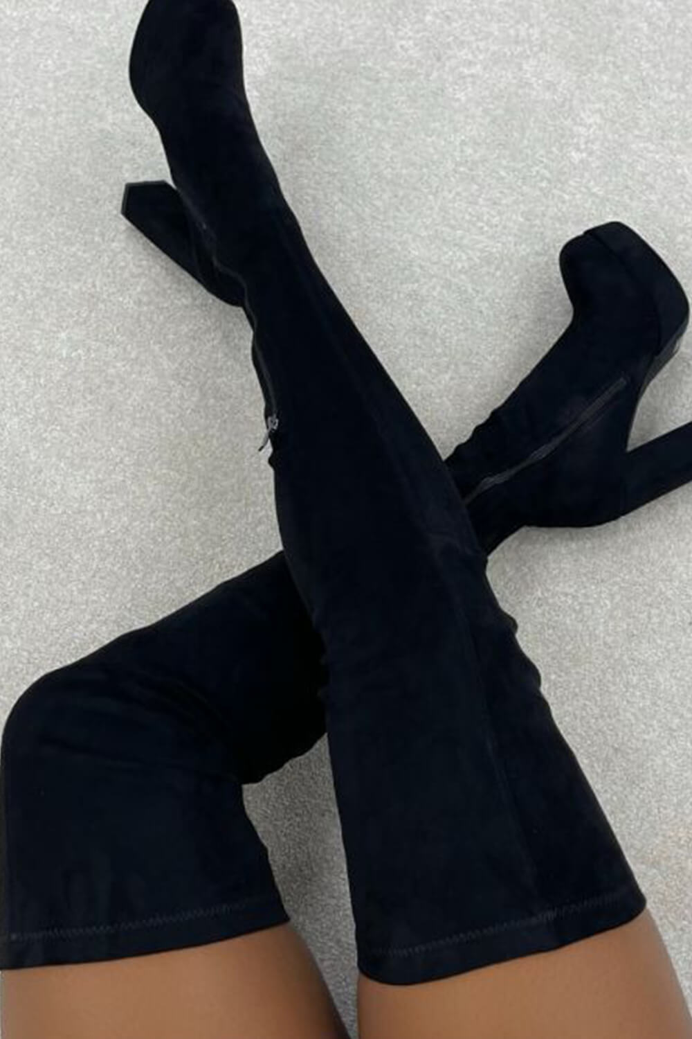 Black Faux Suede Platform Block Heel Thigh High Boots