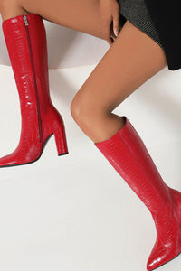 Faux Croc Print Block Heel Mid Calf Knee High Boots - Red