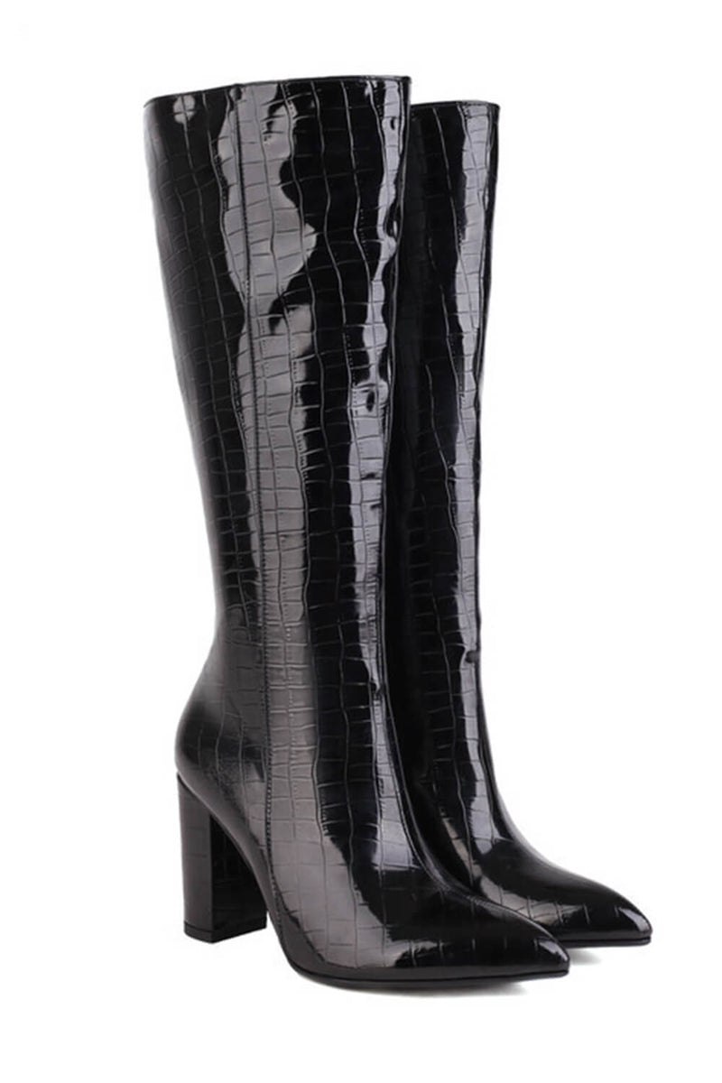 Faux Croc Print Block Heel Mid Calf Knee High Boots - Black