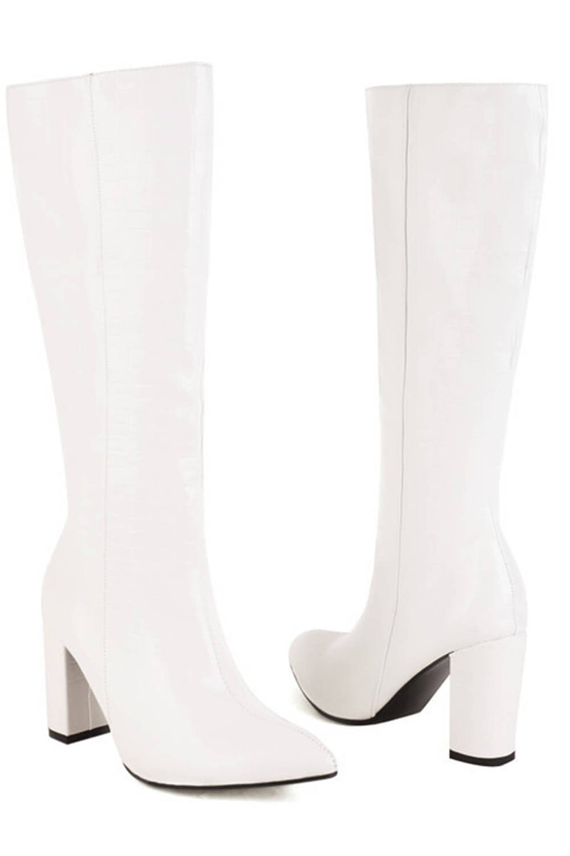 Faux Croc Print Block Heel Mid Calf Knee High Boots - White