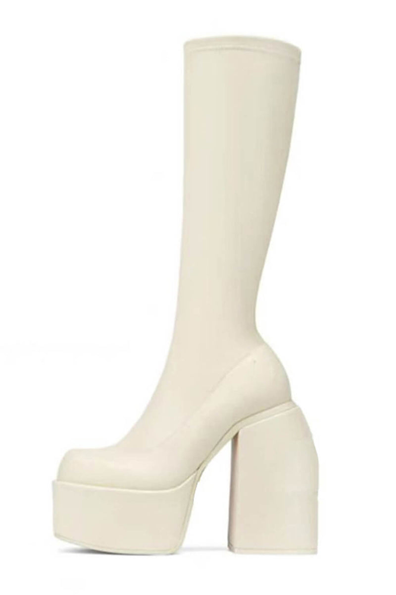 Faux Leather Closed Round Toe Chunky Platform Block Heel Knee High Boot - Beige