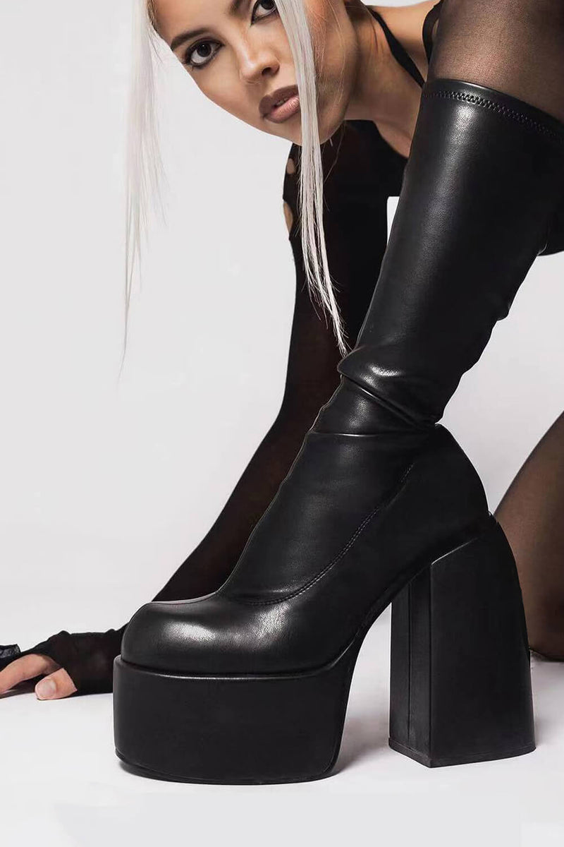 Faux Leather Closed Round Toe Chunky Platform Block Heel Knee High Boot - Black