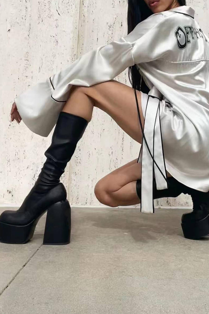Faux Leather Closed Round Toe Chunky Platform Block Heel Knee High Boot - Black