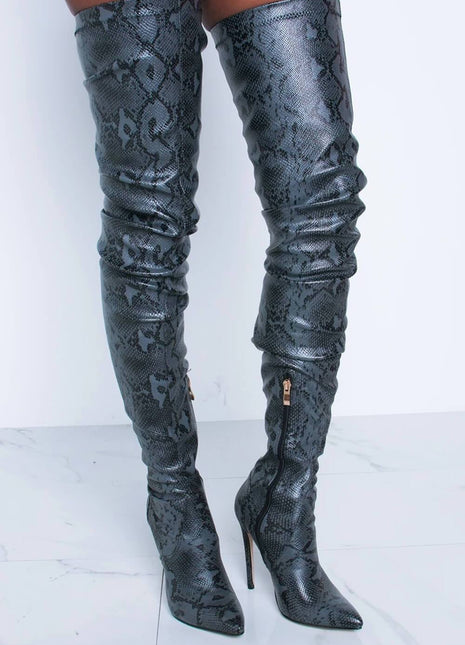 Darkgray Snake Print Stiletto Thigh High Boots (2335400886331)