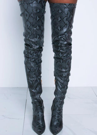 Darkgray Snake Print Stiletto Thigh High Boots (2335400886331)