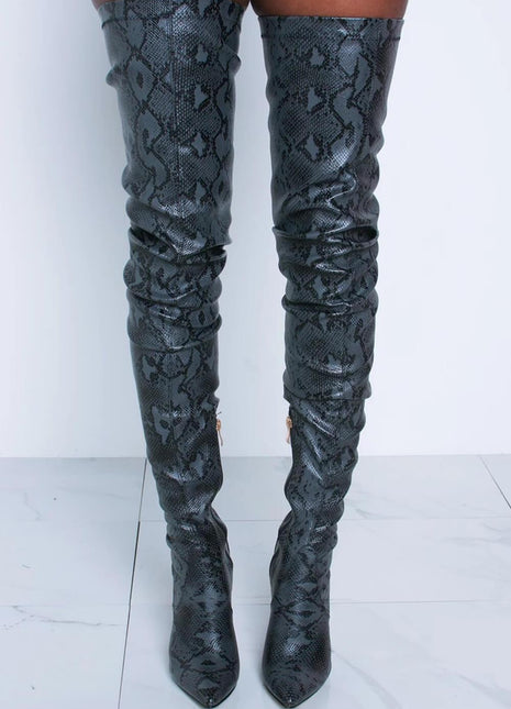 Darkgray Snake Print Stiletto Thigh High Boots (2335400886331)