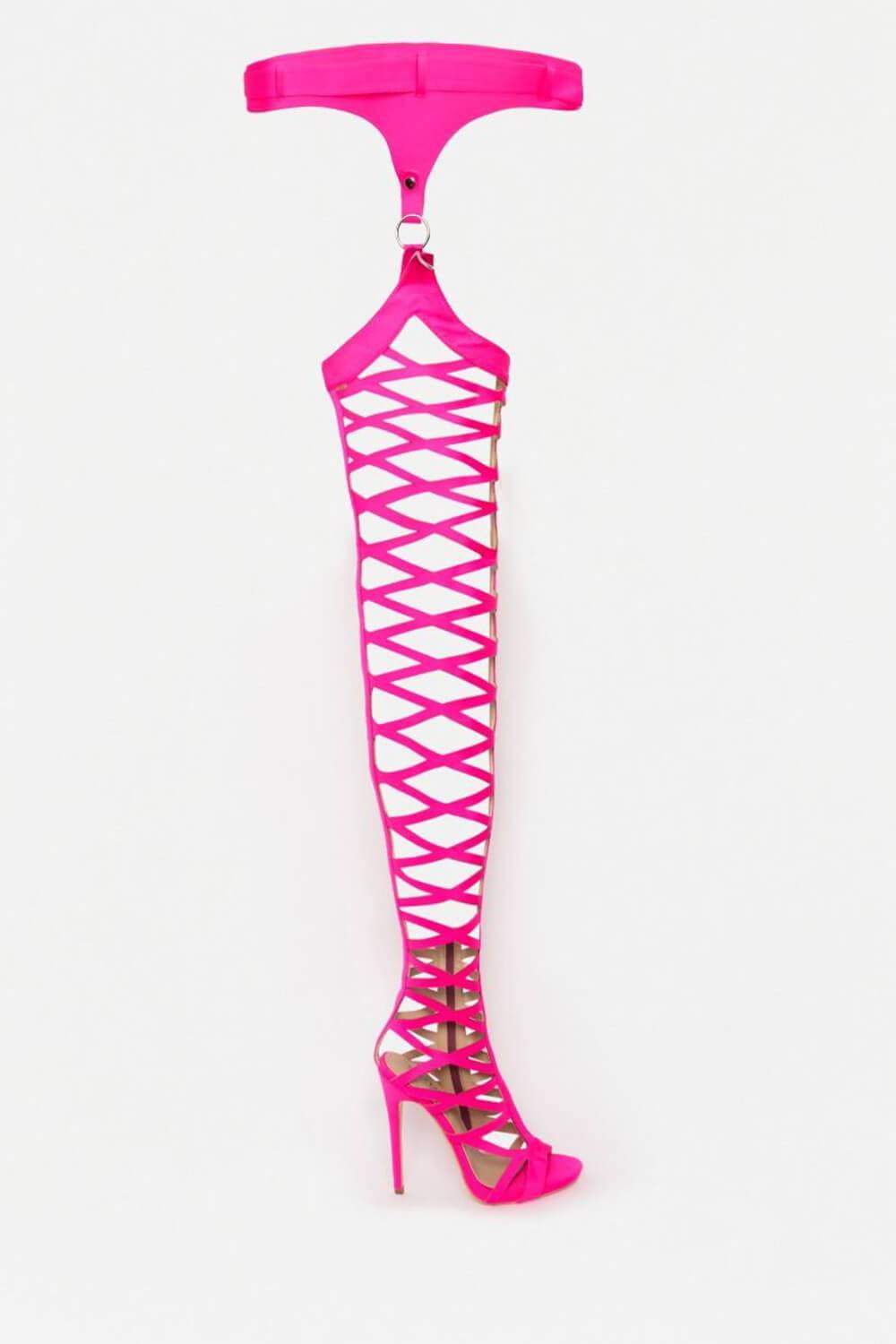 Deep Pink Cut-Out Belted Thigh High Heels (2335400263739)