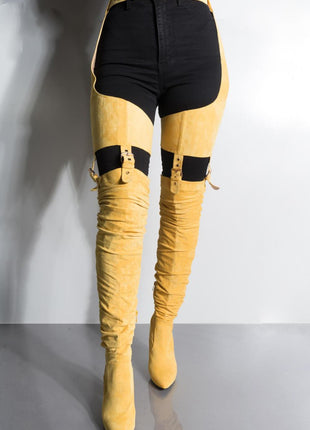 Mustard Suede Belted Thigh High Boots (2335396397115)