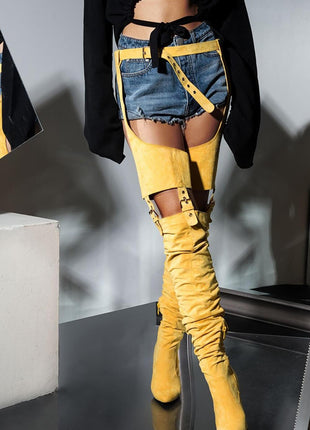 Mustard Suede Belted Thigh High Boots (2335396397115)