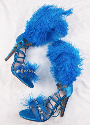 Blue Feather Rhinestone Embroidered High Heeled Sandals