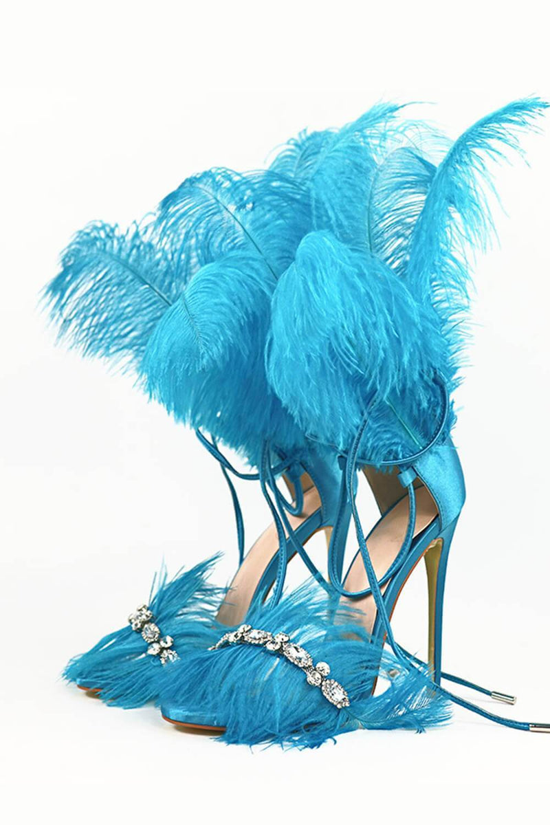 Blue Feather Rhinestone Embroidered High Heeled Sandals (4095659606075)