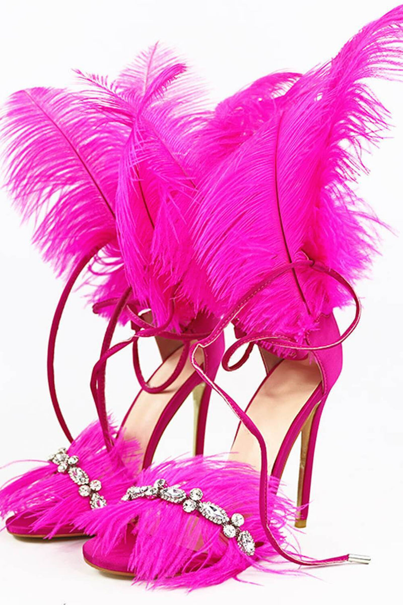 Hot Pink Feather Rhinestone Embroidered High Heeled Sandals (4095659638843)