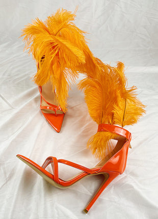 Orange Feather Strappy Stiletto Sandals