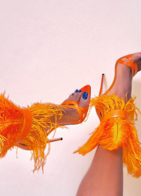 Orange Feather Strappy Stiletto Sandals (4095659835451)