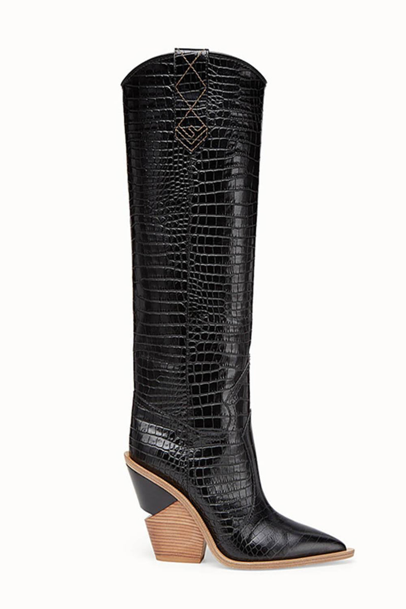 Black Croc Cut-Out Heel Knee High Western Cowboy Boots (4095659933755)