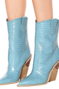 Light Blue Croc Cut-Out Heel Mid Western Cowboy Boots (4095660097595)