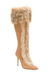 Brown Suede Faux Fur Cuff Lace Up Stiletto Boots (4110248607803)