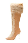 Brown Suede Faux Fur Cuff Lace Up Stiletto Boots (4110248607803)