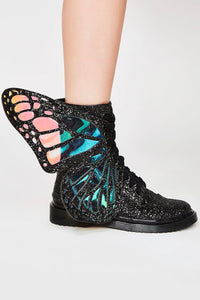 Black Metamorphic Glitter Lace Up Boots With Butterfly Wings (4110248673339)