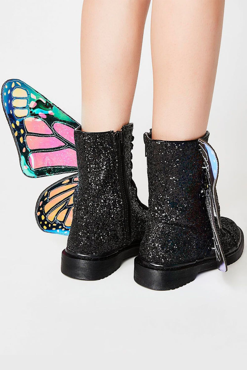 Black Metamorphic Glitter Lace Up Boots With Butterfly Wings (4110248673339)