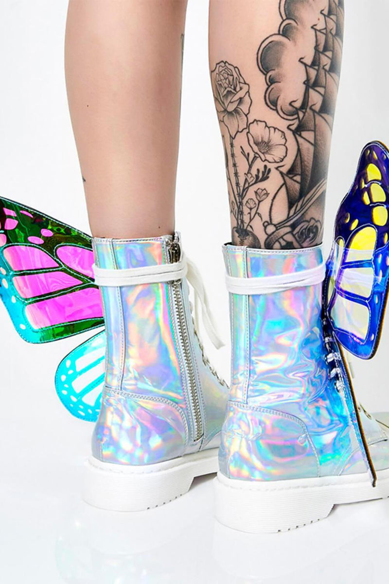 Holographic Metamorphic Lace Up Combat Boots With Butterfly Wings (4110248738875)