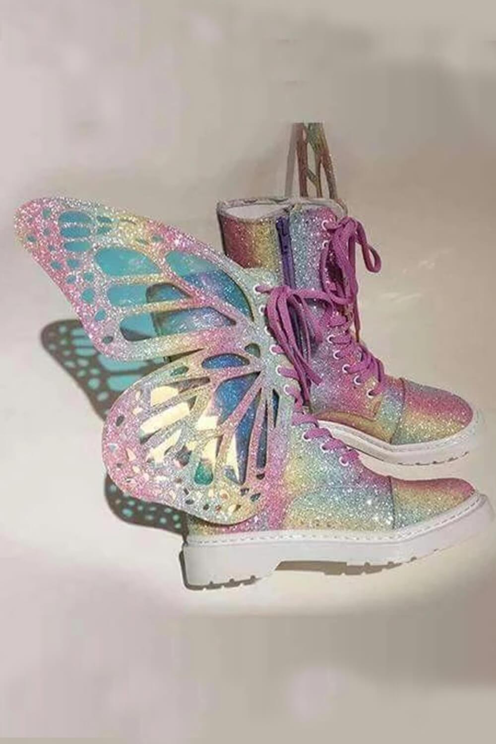 Rainbow Metamorphic Glitter Lace Up Combat Boots With Butterfly Wings (4110248902715)