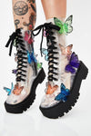 Clear Glitter Chunky Lace Up Boots With 3D Butterfly (4110248935483)