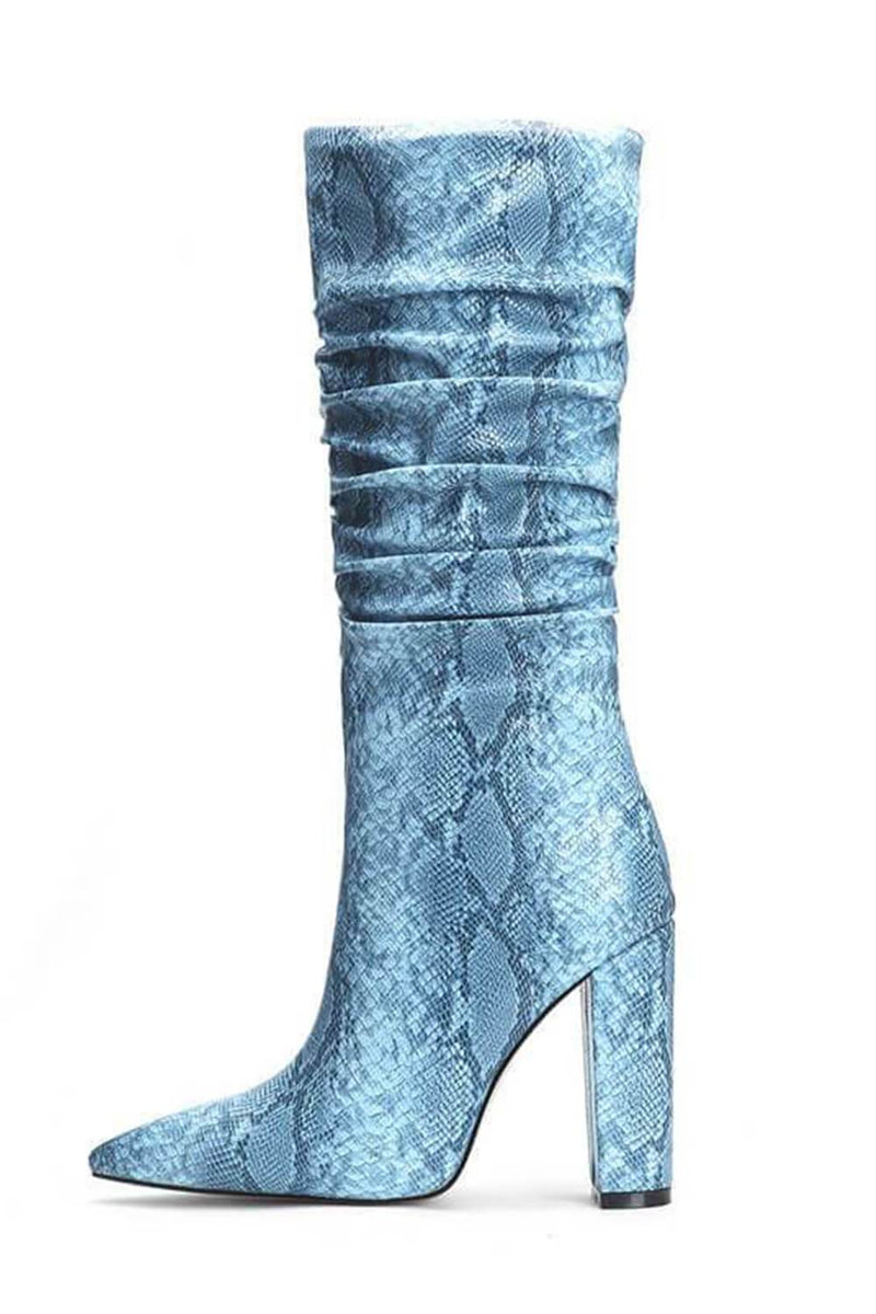 Light Blue Snakeskin Ruched Knee High Boots (4307980812347)