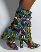 Multi-Colored Python Print Ruched Knee High Boots (4308210122811)