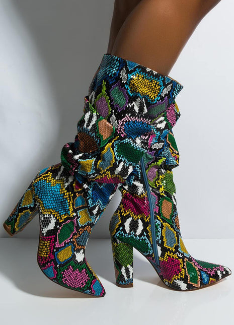 Multi-Colored Python Print Ruched Knee High Boots (4308210122811)
