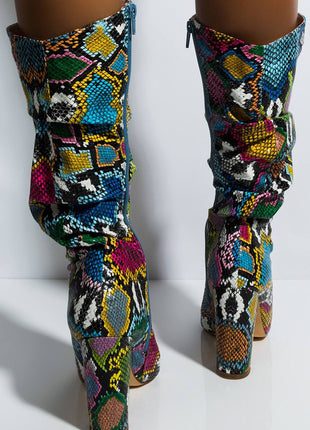 Multi-Colored Python Print Ruched Knee High Boots (4308210122811)