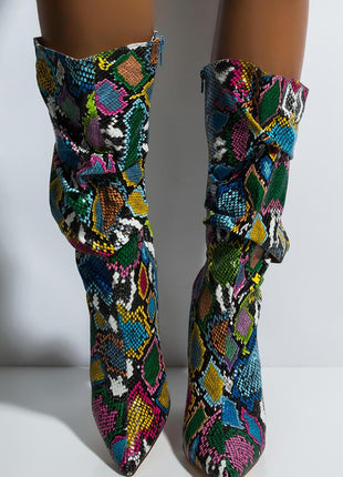Multi-Colored Python Print Ruched Knee High Boots (4308210122811)