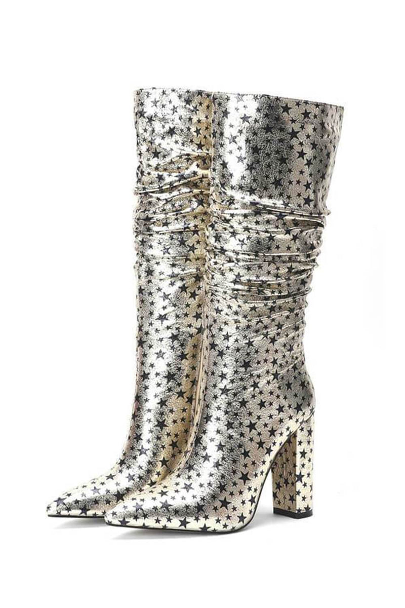 Metallic Gold Glitter Star Ruched Kee High Boots (4307981336635)