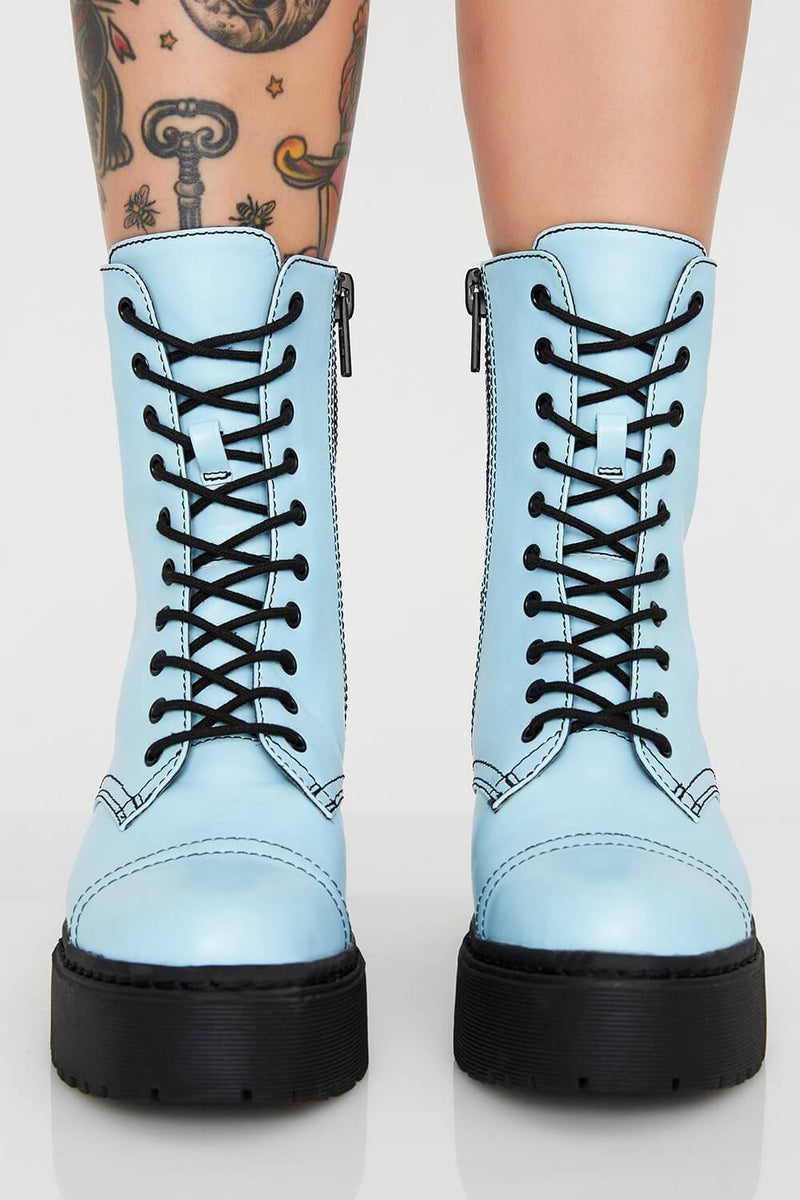 Neon Light Blue Patent Lace Up Platform Chunky Ankle Boots (4307981369403)