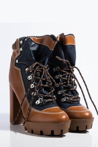 Brown Color Block Lace-Up Heeled Chunky Hiker Ankle Boots (4307981828155)